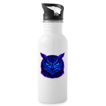 Neonblaue Eule mit intensivem Blick - Trinkflasche mit integriertem Trinkhalm - Weiß - Rechts