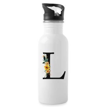 L Monogram, Floral, Personalizable - Water bottle with straw - white - Right
