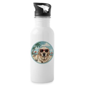 Goldener Retreiver-Hund am Strand mit roter Brille - Trinkflasche mit integriertem Trinkhalm - Weiß - Rechts
