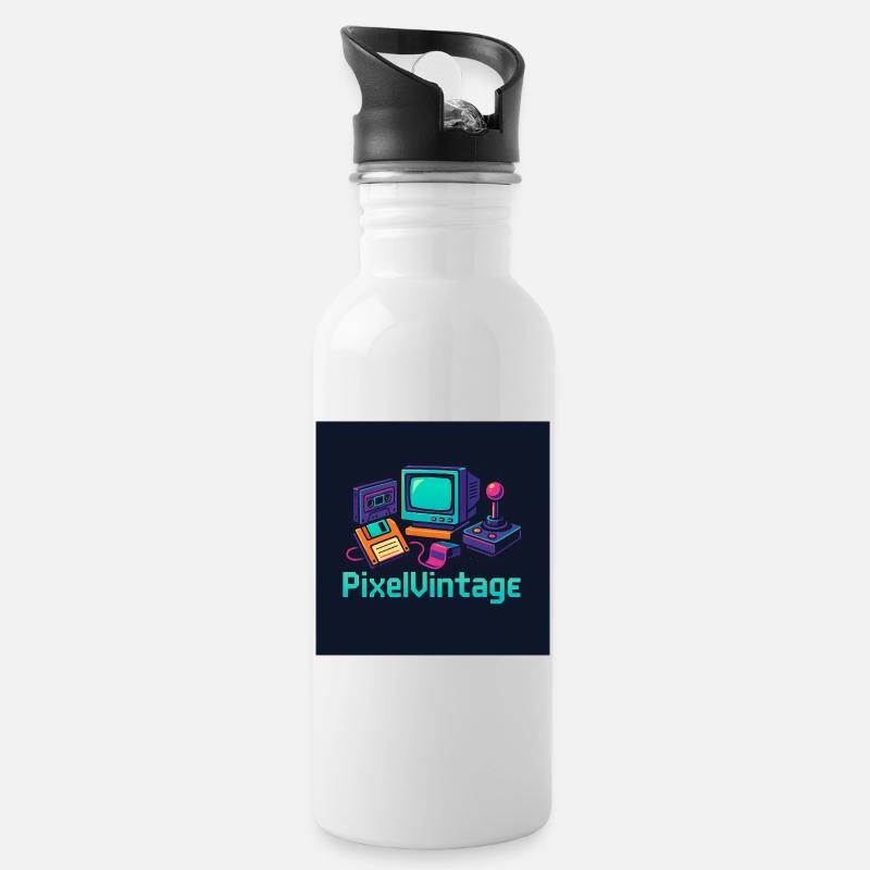 Retro-Computer und Pixel-Konsole - Trinkflasche mit integriertem Trinkhalm - Weiß