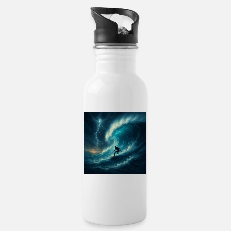 Storm Surfer - Surfen auf riesiger Welle - Trinkflasche mit integriertem Trinkhalm - Weiß