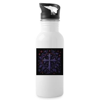 Lavender Gothic Cross Floral Design - Water bottle with straw - white - Right