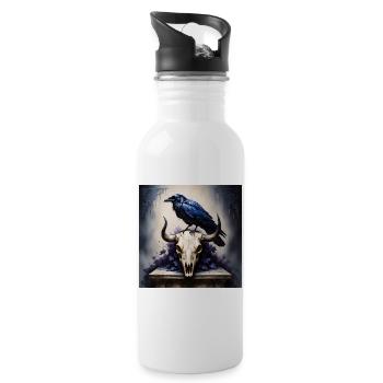 Mystical Raven and Bull Skull Artwork - Water bottle with straw - white - Right