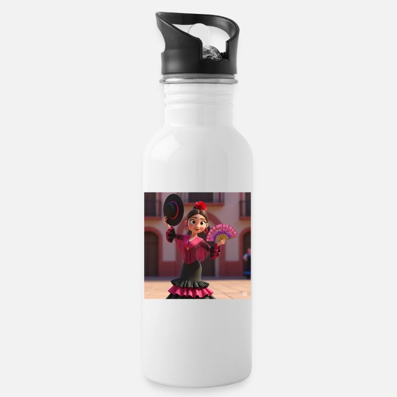 Flamenco mit Kunst - Trinkflasche mit integriertem Trinkhalm - Weiß