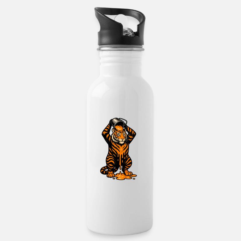 Tiger mit Farbeimer Cartoon Design - Trinkflasche mit integriertem Trinkhalm - Weiß