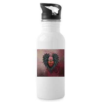 Herzschild mit Flügeln und rosa Blume - Trinkflasche mit integriertem Trinkhalm - Weiß - Rechts