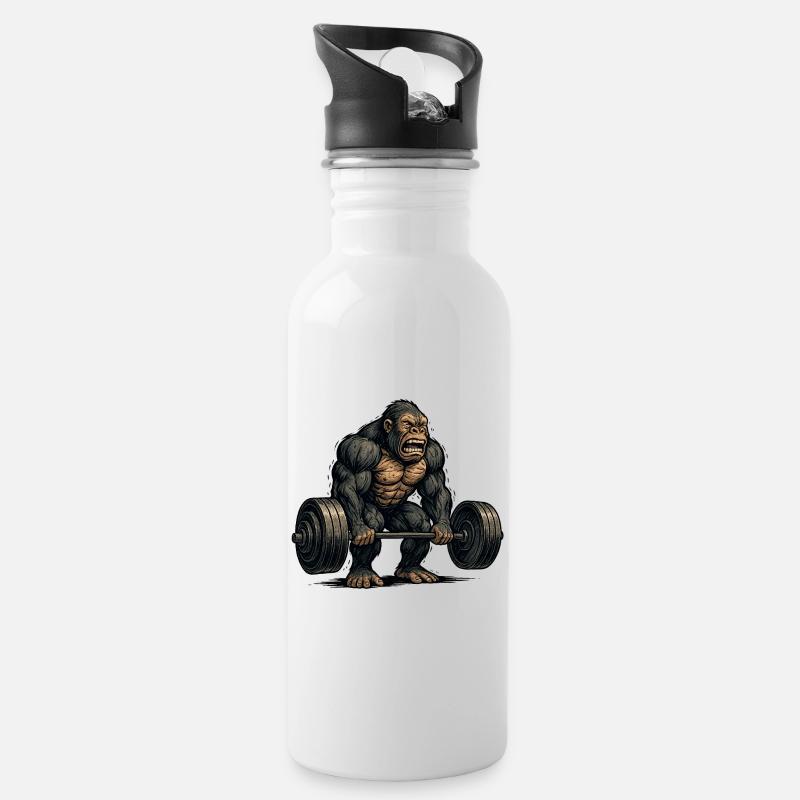 Ästischer Affe mit Hantel - Trinkflasche mit integriertem Trinkhalm - Weiß