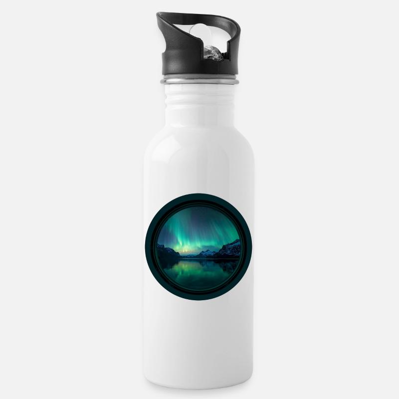 Nordlichter über Fjords - Trinkflasche mit integriertem Trinkhalm - Weiß
