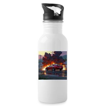 Red Sports Car Amid Urban Firestorm - Water bottle with straw - white - Right