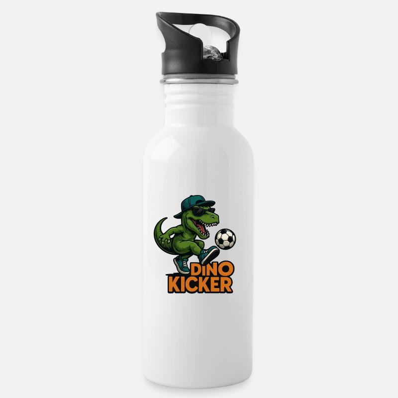Fußball Dino - Trinkflasche mit integriertem Trinkhalm - Weiß