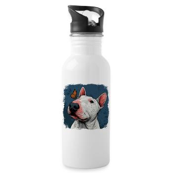 Cheerful bull terrier with butterfly - Water bottle with straw - white - Right