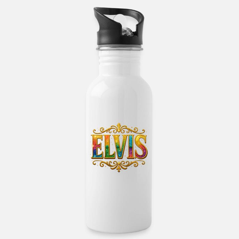 ELVIS Glitzer Gold Pailletten - Trinkflasche mit integriertem Trinkhalm - Weiß