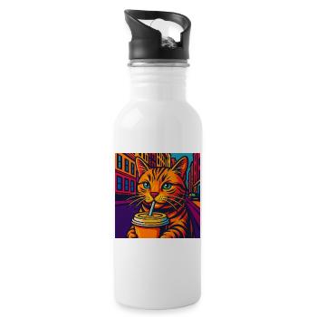 Lebhafte Stadtkatze mit Getränk, liebe Katzen - Trinkflasche mit integriertem Trinkhalm - Weiß - Rechts