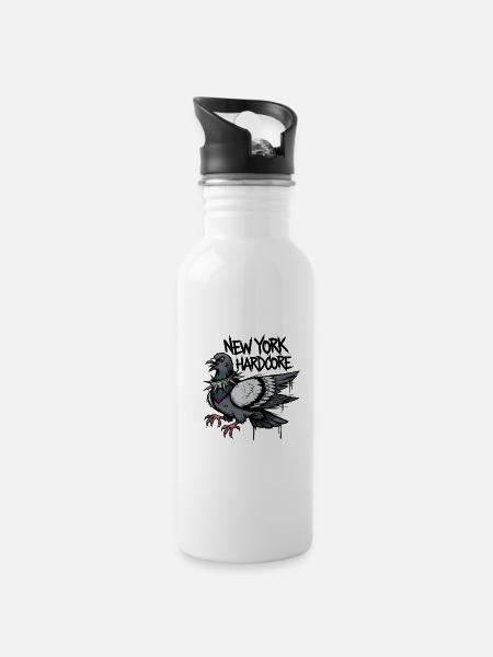 New York Hardcore Pigeon Design - Trinkflasche mit integriertem Trinkhalm - Weiß