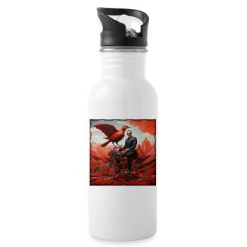 Man Surreal Bicycle with red bird and landscape - Water bottle with straw - white - Right
