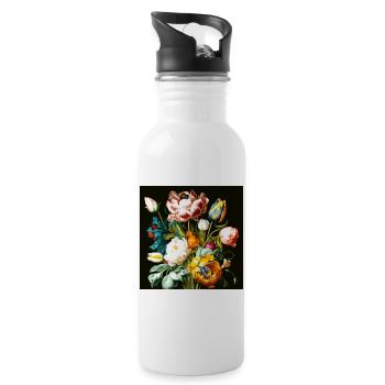 Strukturierte Blumenkomposition auf Schwarz  - Trinkflasche mit integriertem Trinkhalm - Weiß - Rechts