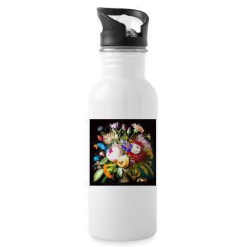 Farbenfroher Blumenstrauß auf Schwarz flämisch  - Trinkflasche mit integriertem Trinkhalm - Weiß - Rechts