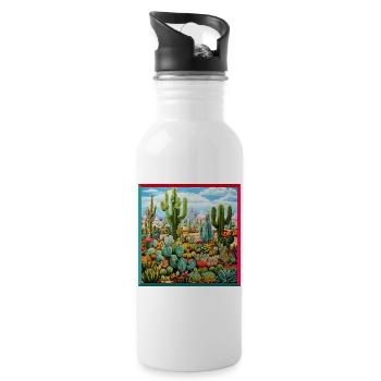 Colorful Desert Plants Cacti Embroidery Landscape - Water bottle with straw - white - Right