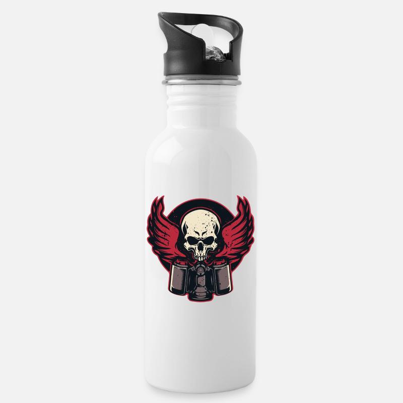 Kolben Flammender Schädel - Trinkflasche mit integriertem Trinkhalm - Weiß