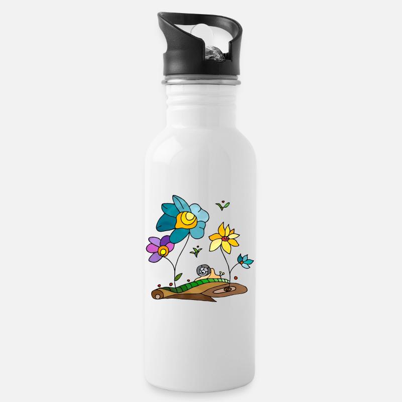 Blumen - Trinkflasche mit integriertem Trinkhalm - Weiß