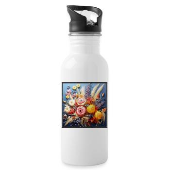 Herbstliche Blumenbouquet Stickerei Gobelin - Trinkflasche mit integriertem Trinkhalm - Weiß - Rechts