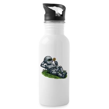 Roboter mit Blume auf einen Rasen - Trinkflasche mit integriertem Trinkhalm - Weiß - Rechts