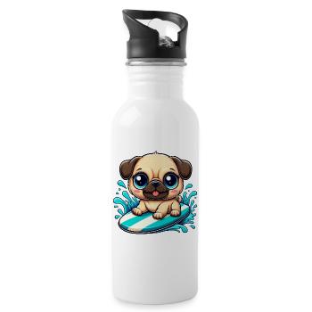 Cute Pug Surfer Cartoon Surfing Summer - Water bottle with straw - white - Right