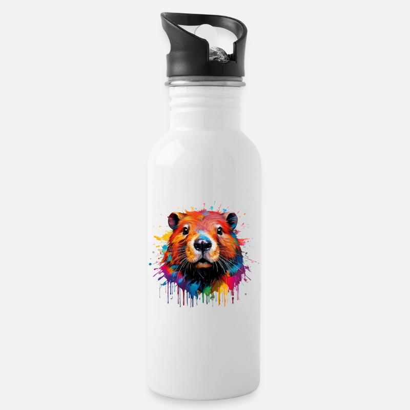 Bunter Biber Wasserfarbendesign - Trinkflasche mit integriertem Trinkhalm - Weiß