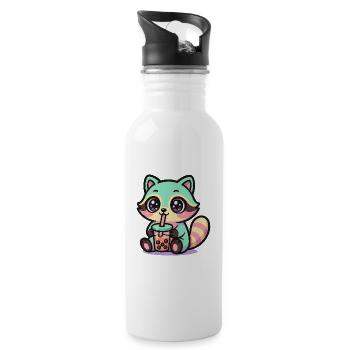 Kawaii Raccoon Drinking Boba Tea - Water bottle with straw - white - Right