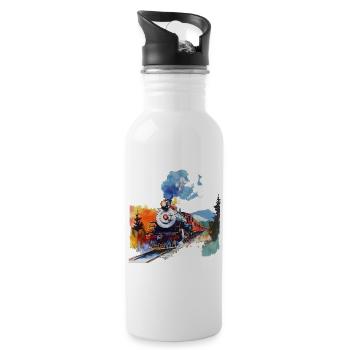 Watercolor steam locomotive in the mountains - Water bottle with straw - white - Right
