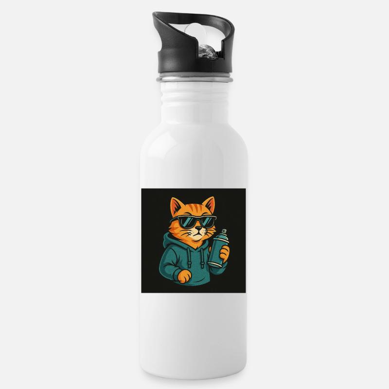 Graffiti Katze Hoodie Sprühdose - Trinkflasche mit integriertem Trinkhalm - Weiß