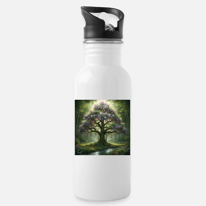 Waldbaum mit Fliederblüten - Trinkflasche mit integriertem Trinkhalm - Weiß