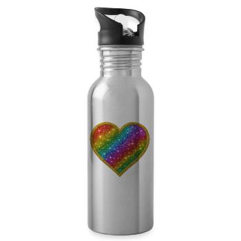 Regenbogenherz mit Goldrand - Trinkflasche mit integriertem Trinkhalm - Lightsilver - Rechts