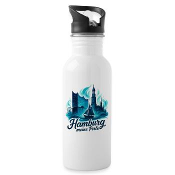 Hamburg Perle Stadt Silhouette Geschenk - Trinkflasche mit integriertem Trinkhalm - Weiß - Rechts