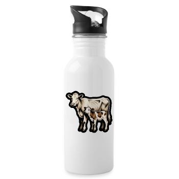 Mutterkuh mit Kalb – Retro Tierillustration - Trinkflasche mit integriertem Trinkhalm - Weiß - Rechts