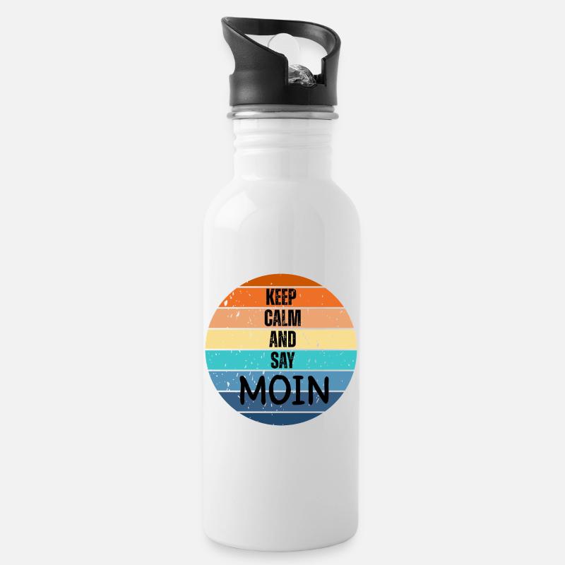 « Keep Calm and Say MOIN » – Coucher de soleil rétro - Gourde avec paille intégrée - blanc