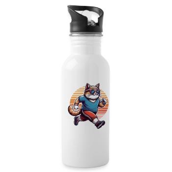Sporty cat jogging retro sunset - Water bottle with straw - white - Right