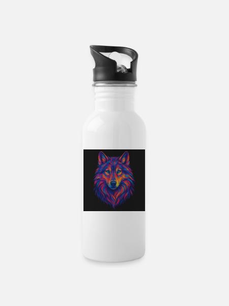Neon Wolf Head Art - Water bottle with straw - white