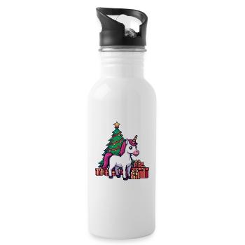 Pixel Unicorn & Christmas Tree Retro Art - Water bottle with straw - white - Right