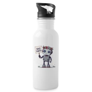 Niedlicher Roboter mit Blumenkrone – Rette die Erde - Trinkflasche mit integriertem Trinkhalm - Weiß - Rechts