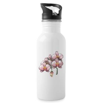Pink Orchid Blossoms Illustration - Water bottle with straw - white - Right