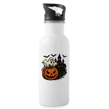 Halloween Kürbis Geisterhaus Szene - Trinkflasche mit integriertem Trinkhalm - Weiß - Rechts