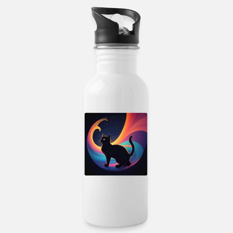 Schwarze Katze vor Regenbogenfarben - Trinkflasche mit integriertem Trinkhalm - Weiß