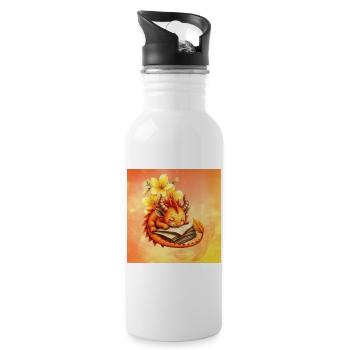 Sleepy dragon on flowered book - Water bottle with straw - white - Right