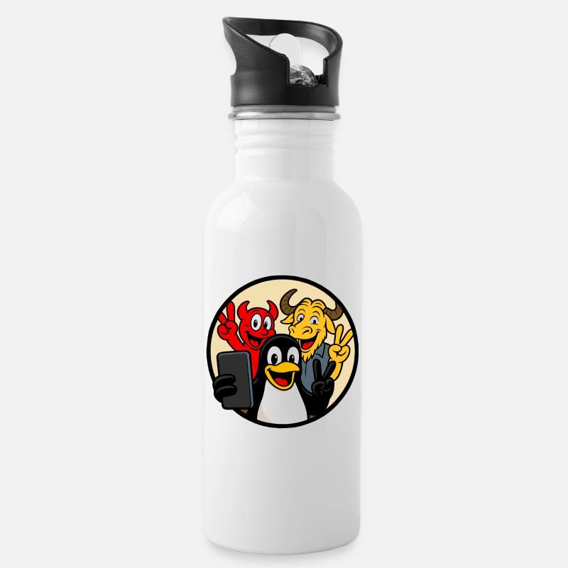 Smoking, Beastie & GNU Selfie - Trinkflasche mit integriertem Trinkhalm - Weiß