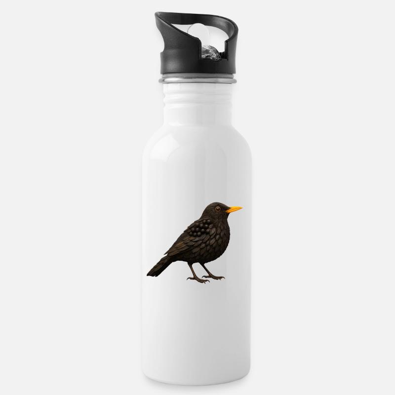 Amsel im Naturlook - Trinkflasche mit integriertem Trinkhalm - Weiß