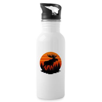 Sonnenuntergang Elch in Waldsilhouette - Trinkflasche mit integriertem Trinkhalm - Weiß - Rechts