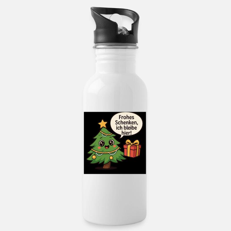 Fröhliches Schenken Weihnachtsbaum - Trinkflasche mit integriertem Trinkhalm - Weiß