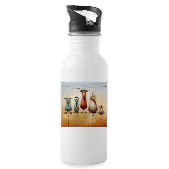 Vogelschar am Draht - Trinkflasche mit integriertem Trinkhalm - Weiß - Rechts