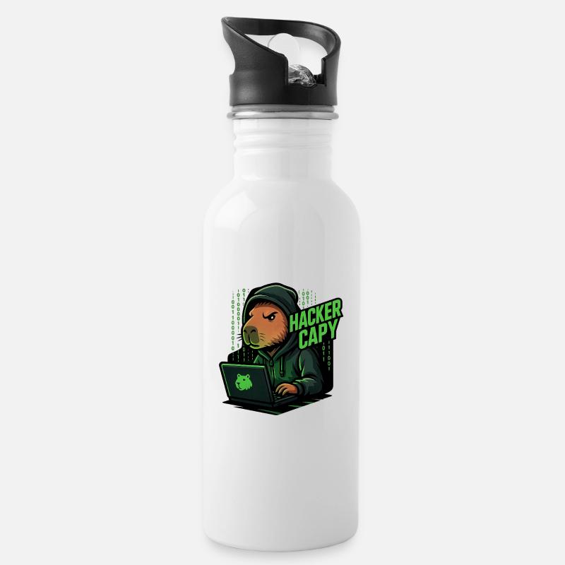 Hacker Capy – Cyber Capybara Tech  - Trinkflasche mit integriertem Trinkhalm - Weiß